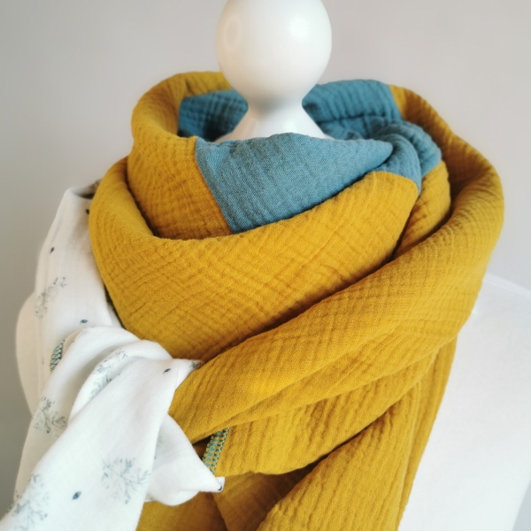 XXL Musselintuch petrol/senfgelb/weiss 
